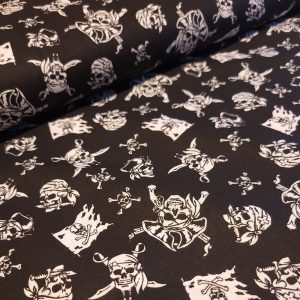 Tissu Coton Tête de Mort Pirates Noir, Oeko-Tex. ( Réf. : 111C )