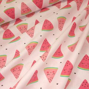 Tissu Coton Fruit Pastèque Souriante, Oeko-Tex. ( Réf. : 112C )