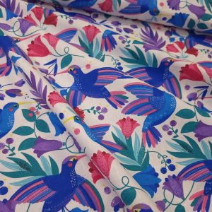 Tissu Coton Fleuri Oiseau Colibri Bleu, Oeko-Tex. ( Réf. : 135C )