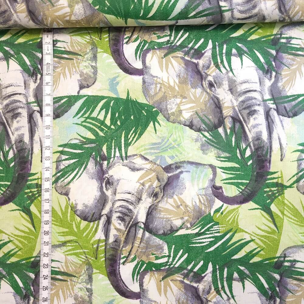 Tissu Coton Éléphant Feuillage Vert, Oeko-Tex. ( Réf. : 141C )