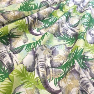 Tissu Coton Éléphant Feuillage Vert, Oeko-Tex. ( Réf. : 141C )