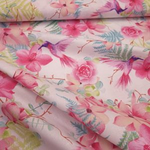 Tissu Coton Fleuri Oiseau Colibri Rose, Oeko-Tex. ( Réf. : 140C )