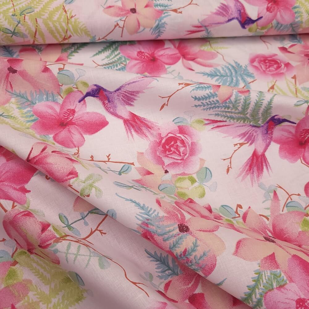 Tissu Coton Fleuri Oiseau Colibri Rose, Oeko-Tex. ( Réf. : 140C )