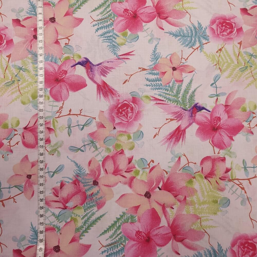 Tissu Coton Fleuri Oiseau Colibri Rose, Oeko-Tex. ( Réf. : 140C )
