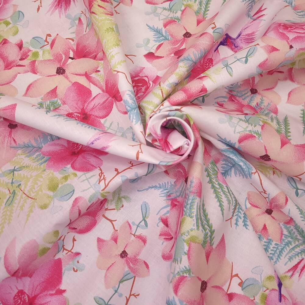 Tissu Coton Fleuri Oiseau Colibri Rose, Oeko-Tex. ( Réf. : 140C )