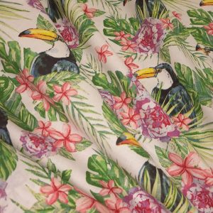 Tissu Coton Fleuri Tropical Toucan, Oeko-Tex. ( Réf. : 151C )