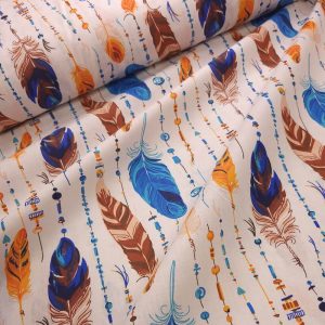 Tissu Coton Plumes Bleues et Oranges, Oeko-Tex. ( Réf. : 145C )