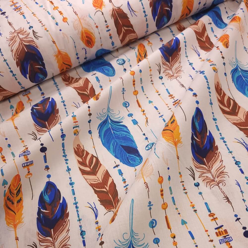 Tissu Coton Plumes Bleues et Oranges, Oeko-Tex. ( Réf. : 145C )