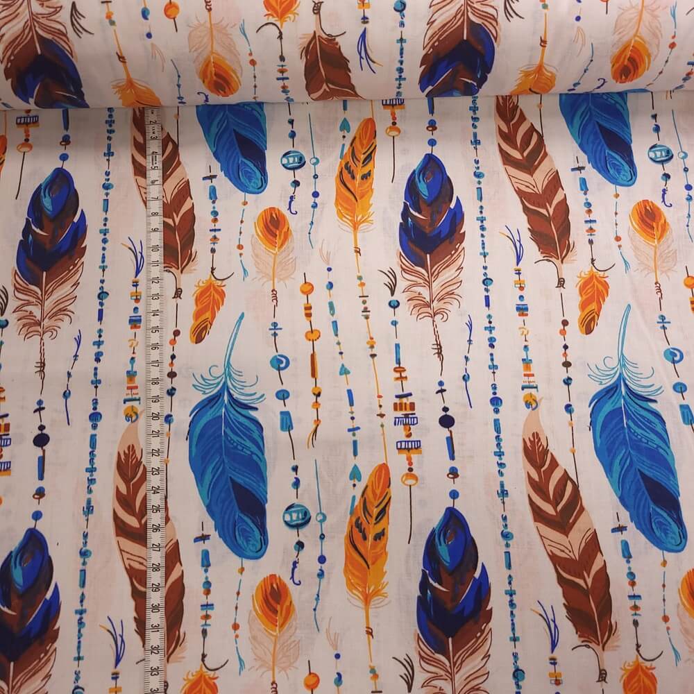 Tissu Coton Plumes Bleues et Oranges, Oeko-Tex. ( Réf. : 145C )