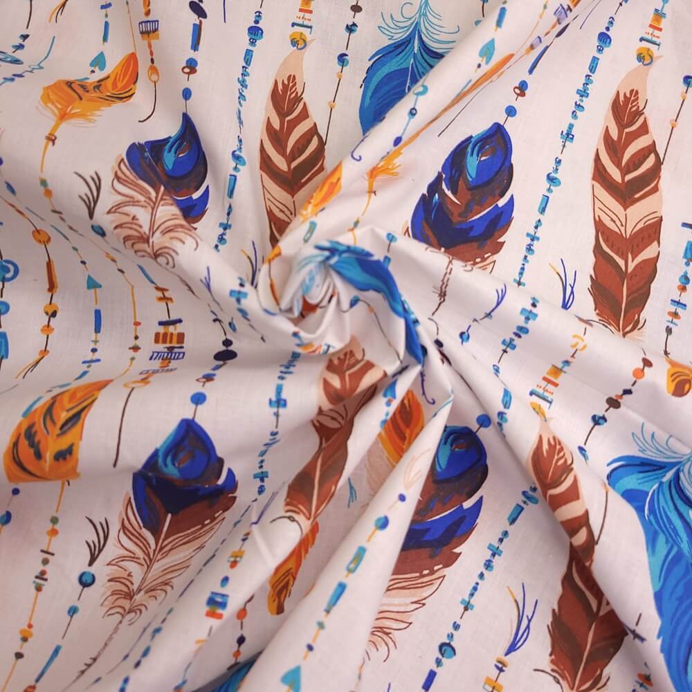 Tissu Coton Plumes Bleues et Oranges, Oeko-Tex. ( Réf. : 145C )