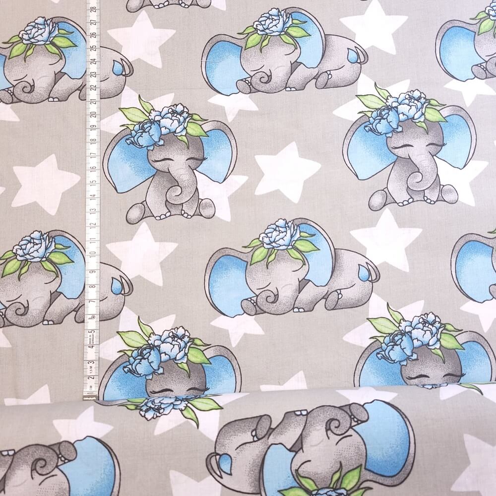 Tissu Coton Éléphant Bleu Étoilé, Oeko-Tex. ( Réf. : 157C )