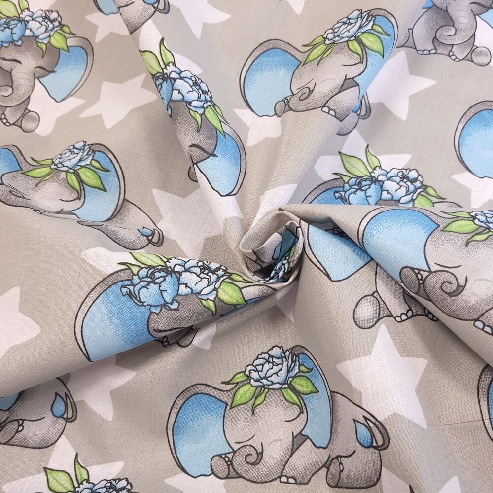 Tissu Coton Éléphant Bleu Étoilé, Oeko-Tex. ( Réf. : 157C )