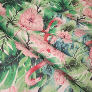 Tissu Coton Fleuri Exotique Flamant Rose, Oeko-Tex. ( Réf. : 159C )