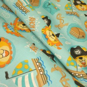 Tissu Coton Animaux Lion Pirate Turquoise, Oeko-Tex. ( Réf. : 163C )