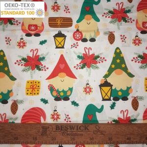 Tissu Coton Noël Fleuri Gnomes, Oeko-Tex