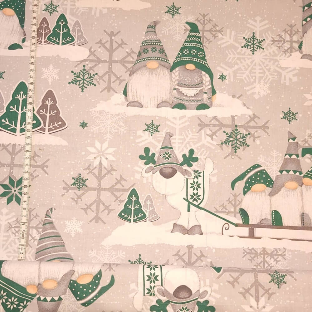 Tissu Coton Noël Gnomes Gris et Vert, Oeko-Tex. ( Réf. : 178C )