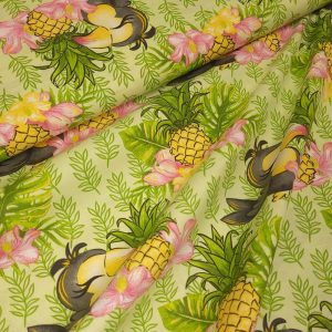 Tissu Coton Fleuri tropical Toucan Fruit, Oeko-Tex. ( Réf. : 26C )