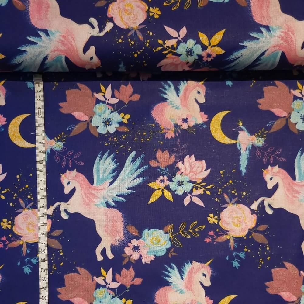 Tissu Coton Licorne Fleuri Bleu Marine, Oeko-Tex. ( Réf. : 181C )