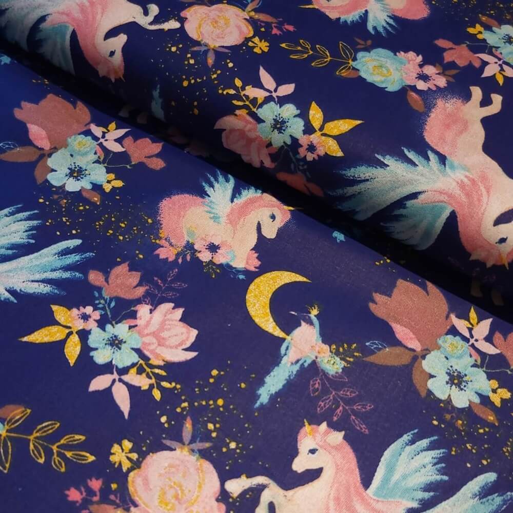Tissu Coton Licorne Fleuri Bleu Marine, Oeko-Tex. ( Réf. : 181C )