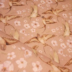 Tissu Coton Fleuri Oiseau Marron Rosé, Oeko-tex. ( Réf. : 21C )