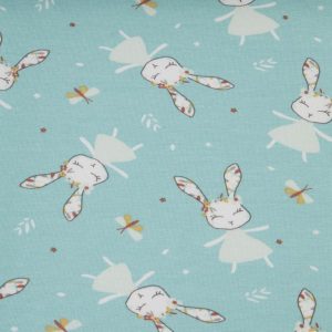 Tissu Jersey Bleu Motifs Lapin et Libellule Domotex - Créateurs Français, Oeko-tex et REACH
